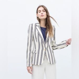 Zara Woman Striped Textured Single Button Blazer in Ivory and Navy size Small